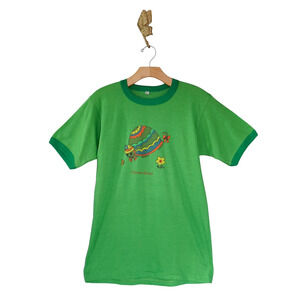 VTG Women Turtle Flower Ringer T Shirt L Cayman Islands Baby Tee 90s Y2K Cottage